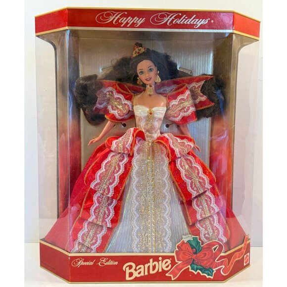 Vintage 1997 Christmas Barbie Happy Holidays Red Lace Dress Unopened NEW - Picture 1 of 8